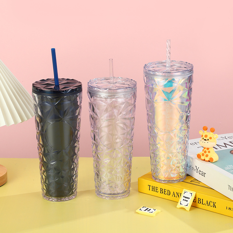 25oz Elegant Diamond-Patterned Tumbler with Straw